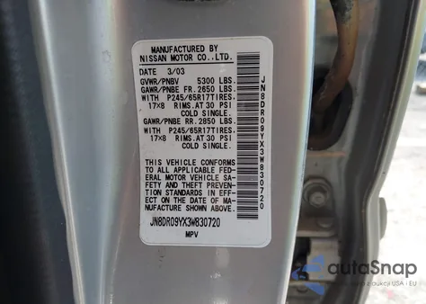 2003 Nissan Pathfinder Le z USA, uszkodzony, nr VIN JN8DR09YX3W830720